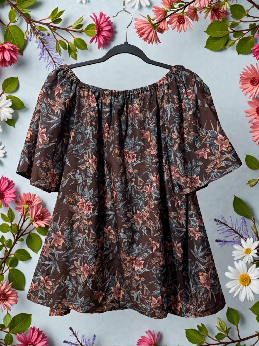 Brown & Pink Floral Print On-Off Shoulder Top